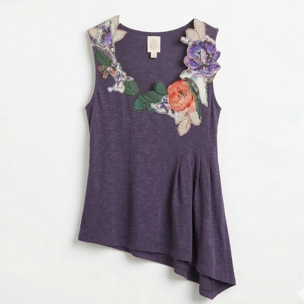 Vtg Ric Rac Anthropologie Hidden Hummingbird Asymmetrical Embroidered Tank Top M